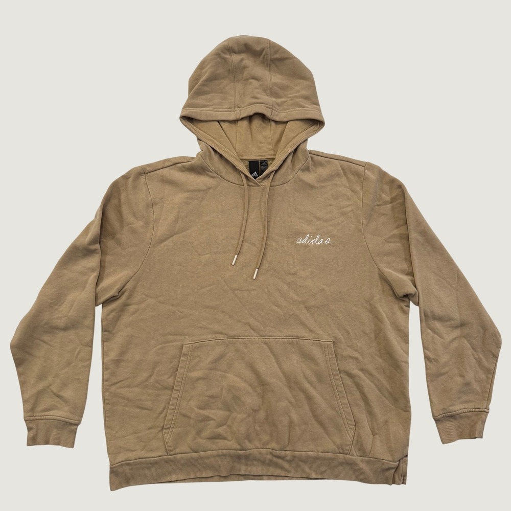 Adidas Mens Small Tan Beige Script Logo Pullover Fleece Hoodie Sweatshirt